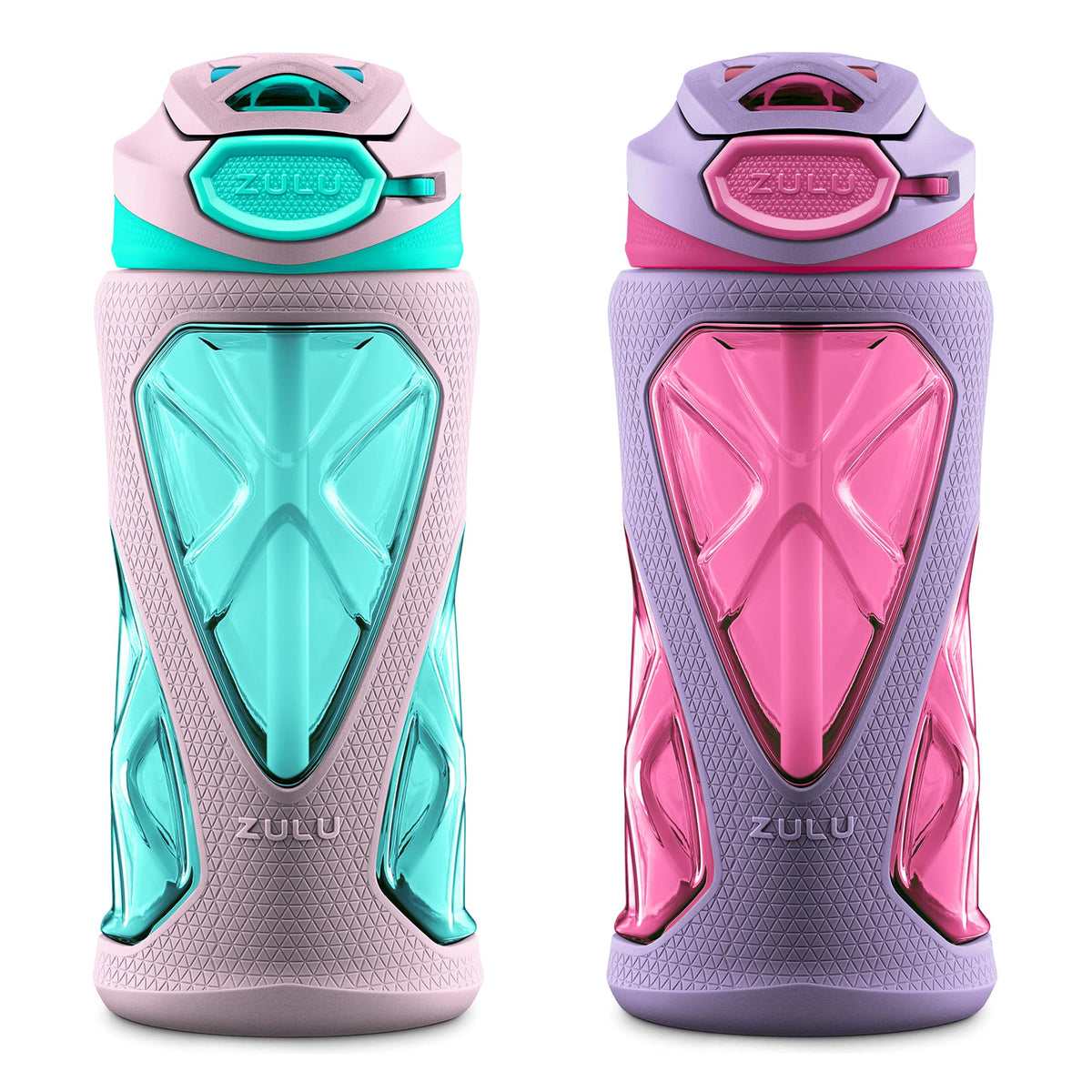 ZULU Torque 16oz Plastic Kids Water Bottle with Silicone Sleeve and Leak-Proof Locking Flip Lid, Soft Touch Carry Loop for School Backpack, Lunchbox, BPA-Free Dishwasher Safe, Grey/ Green
