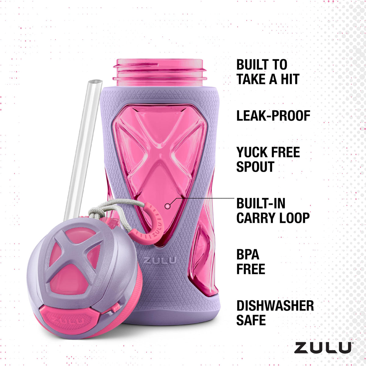ZULU Torque 16oz Plastic Kids Water Bottle with Silicone Sleeve and Leak-Proof Locking Flip Lid, Soft Touch Carry Loop for School Backpack, Lunchbox, BPA-Free Dishwasher Safe, Grey/ Green
