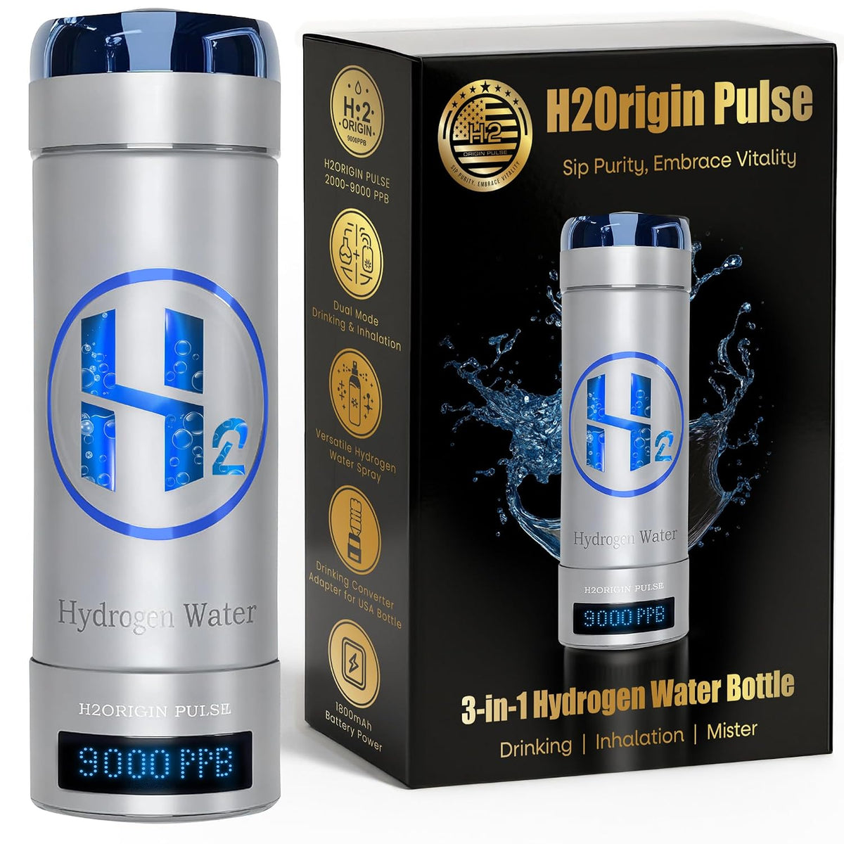 Hydrogen Water Bottle Generator, Up to 9000 PPB Hydrogen Bottle Water Ionizer with SPE/PEM Technology, 3-in-1 Portable Universal Adapter and Refreshing Mist Spray for Home Hydration