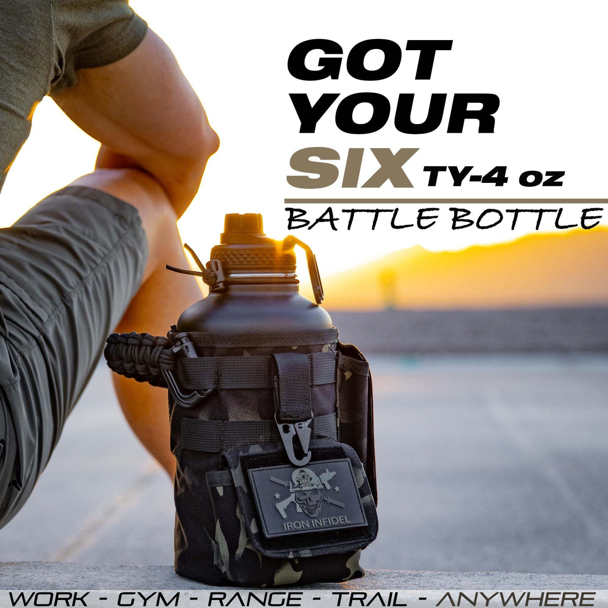 Iron Infidel Battle Bottle - Half Gallon Insulated Stainless Steel Water Jug with Handle - Gym Bottle for Men with Rugged Sleeve (Overland 2 Liter)