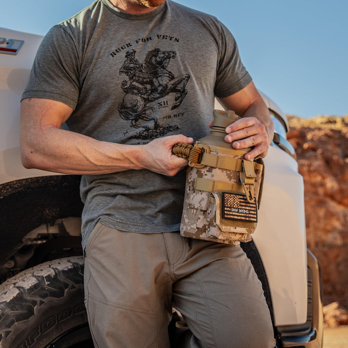 Iron Infidel Battle Bottle - Half Gallon Insulated Stainless Steel Water Jug with Handle - Gym Bottle for Men with Rugged Sleeve (Overland 2 Liter)