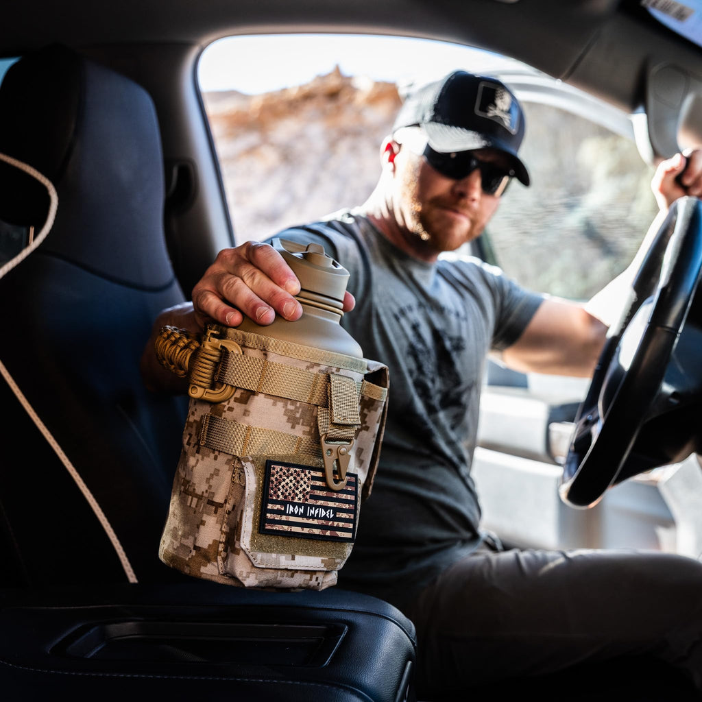 Iron Infidel Battle Bottle - Half Gallon Insulated Stainless Steel Water Jug with Handle - Gym Bottle for Men with Rugged Sleeve (Overland 2 Liter)