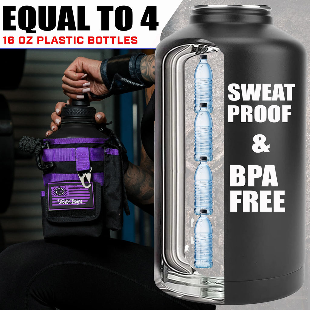 Iron Infidel Battle Bottle - Half Gallon Insulated Stainless Steel Water Jug with Handle - Gym Bottle for Men with Rugged Sleeve (Overland 2 Liter)