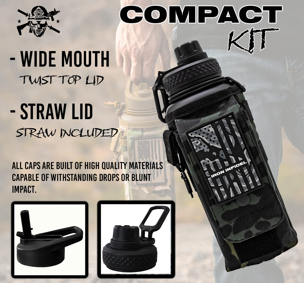 Iron Infidel Battle Bottle - Half Gallon Insulated Stainless Steel Water Jug with Handle - Gym Bottle for Men with Rugged Sleeve (Overland 2 Liter)