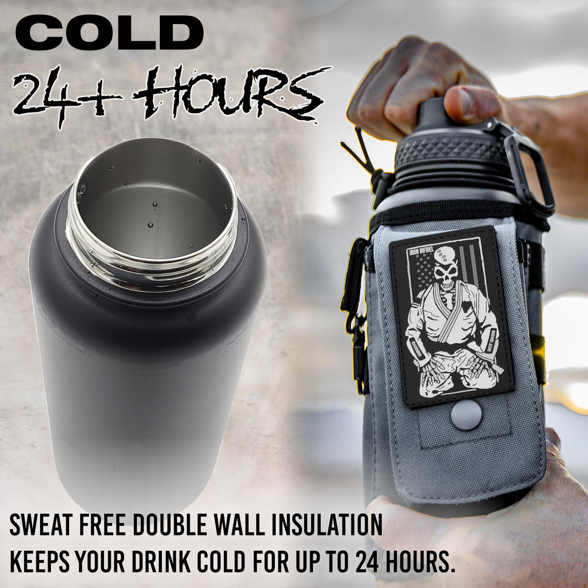 Iron Infidel Battle Bottle - Half Gallon Insulated Stainless Steel Water Jug with Handle - Gym Bottle for Men with Rugged Sleeve (Overland 2 Liter)