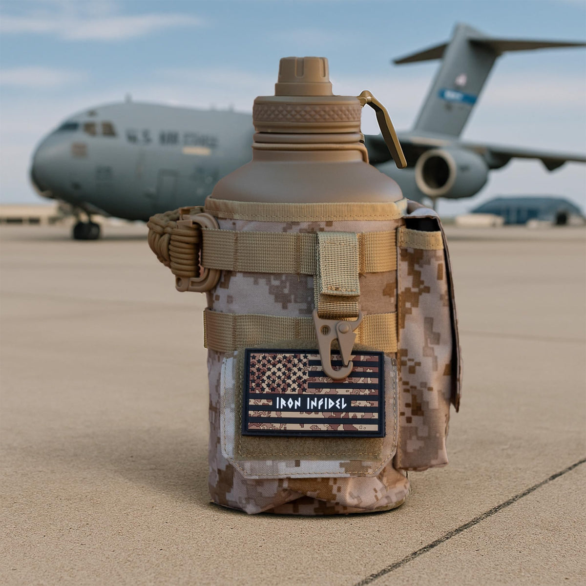 Iron Infidel Battle Bottle - Half Gallon Insulated Stainless Steel Water Jug with Handle - Gym Bottle for Men with Rugged Sleeve (Overland 2 Liter)