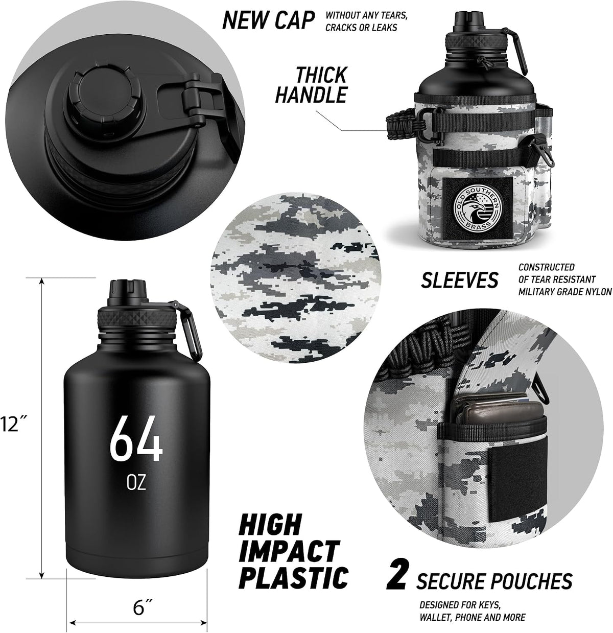 Old Southern Brass Combat Canteen 64oz Tactical Water Bottle – White Digital Camo Military Canteen Style Insulated Stainless Steel Water Jug