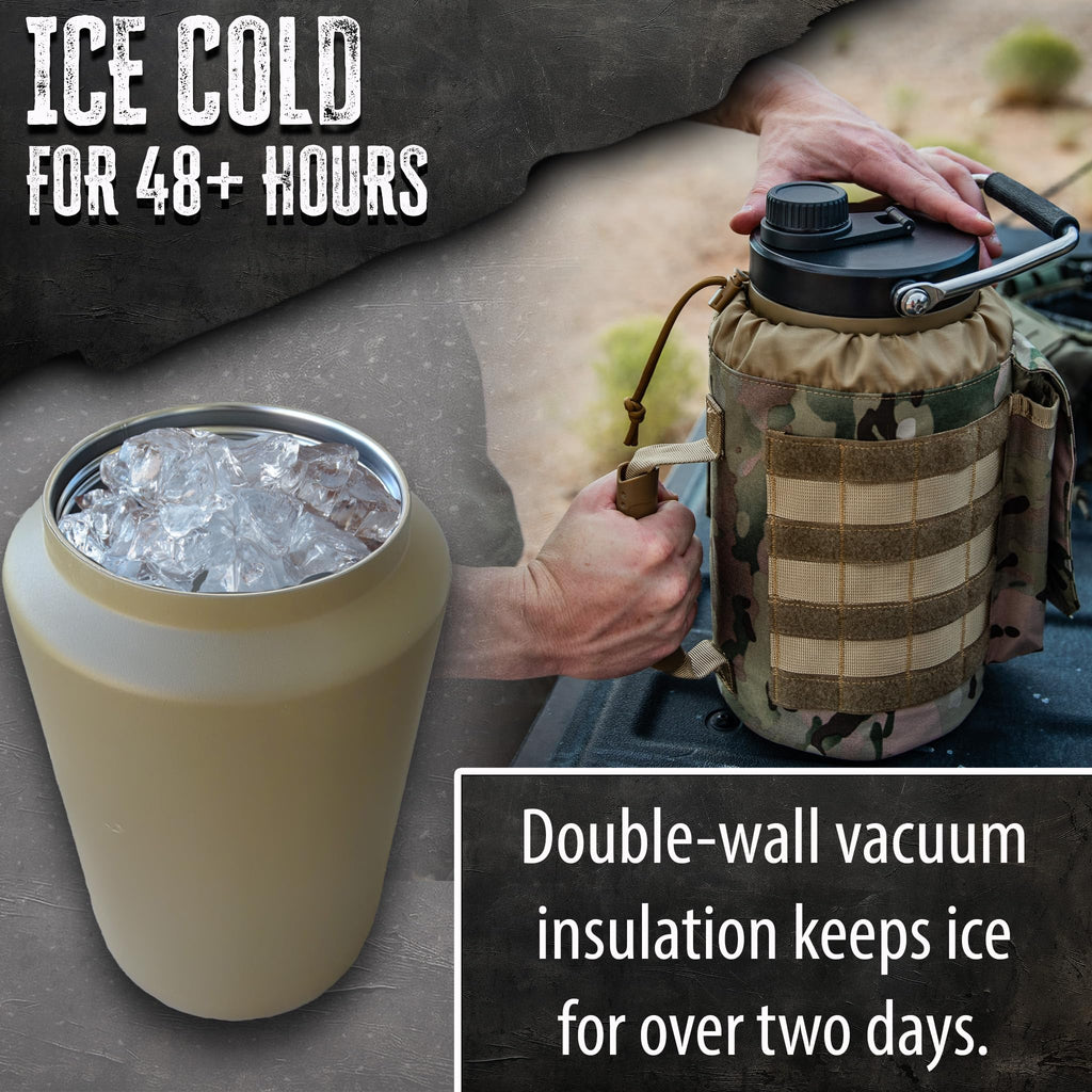 Iron Infidel Battle Bottle - Half Gallon Insulated Stainless Steel Water Jug with Handle - Gym Bottle for Men with Rugged Sleeve (Overland 2 Liter)