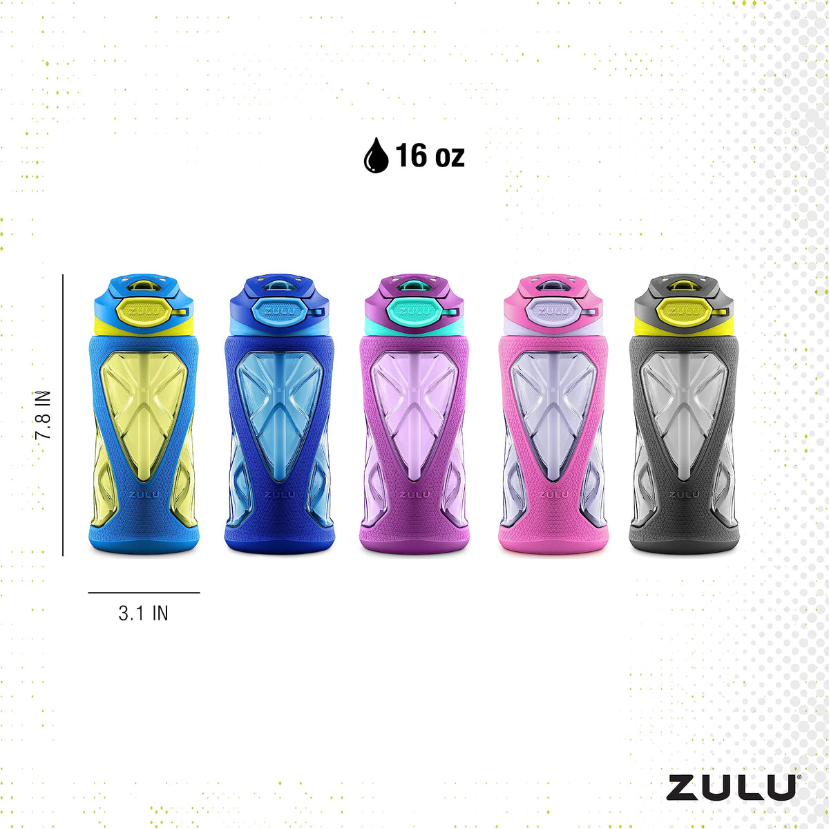 ZULU Torque 16oz Plastic Kids Water Bottle with Silicone Sleeve and Leak-Proof Locking Flip Lid, Soft Touch Carry Loop for School Backpack, Lunchbox, BPA-Free Dishwasher Safe, Grey/ Green