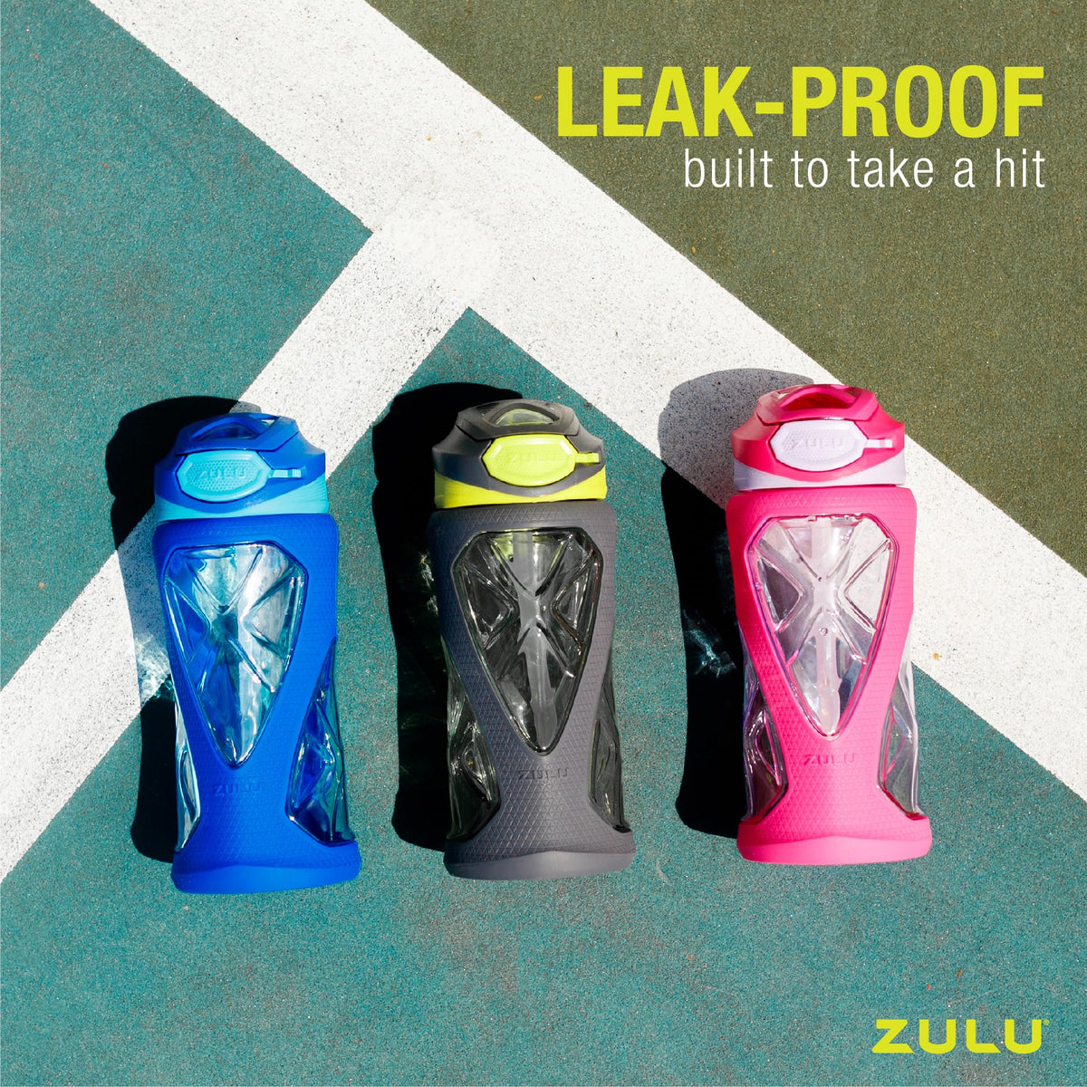 ZULU Torque 16oz Plastic Kids Water Bottle with Silicone Sleeve and Leak-Proof Locking Flip Lid, Soft Touch Carry Loop for School Backpack, Lunchbox, BPA-Free Dishwasher Safe, Grey/ Green