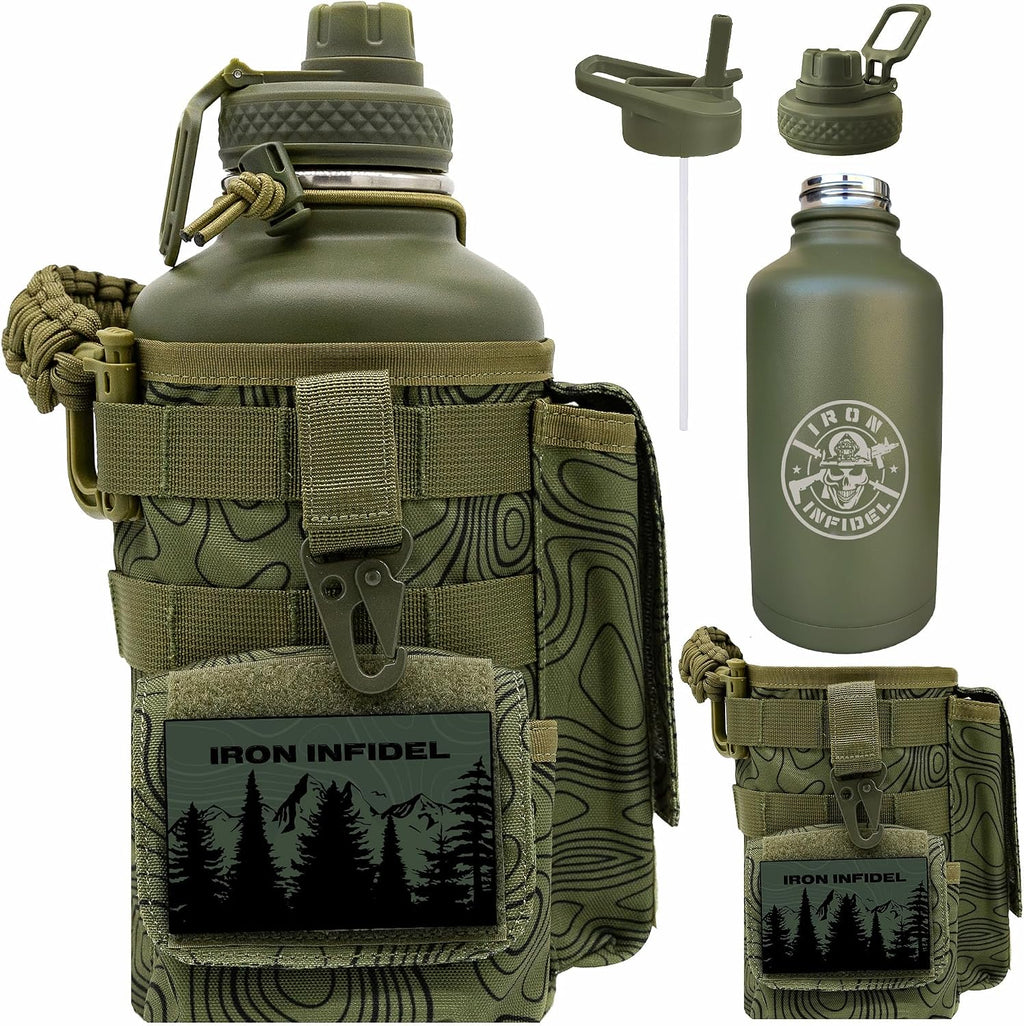 Iron Infidel Battle Bottle - Half Gallon Insulated Stainless Steel Water Jug with Handle - Gym Bottle for Men with Rugged Sleeve (Overland 2 Liter)